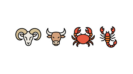 Astrological Symbols Icons Ram, Bull, Crab, and Scorpion Zodiac Signs Vector Art