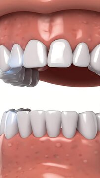 CGI Medical Visualization of Human Teeth Showing Malocclusion Dental Misalignment and Uneven Bite With Subtle Blue Glow Highlighting Affected Teeth in a Clean Medical Presentation Background