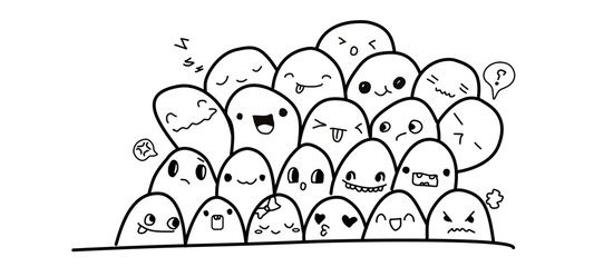 Fototapeta premium Diverse crowd of emotive faces expressing various emotions and reactions in a simple illustration from a straightforward viewpoint