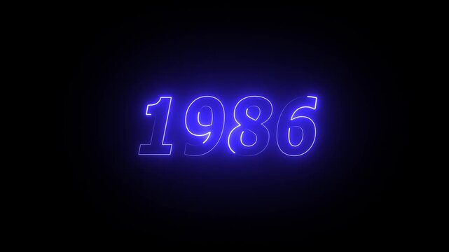 1986 neon line text. Abstract 1986 neon text animation ,For neon color Glowing neon number text background 4k video animation . 1986 title metal text on glowing text animation black background