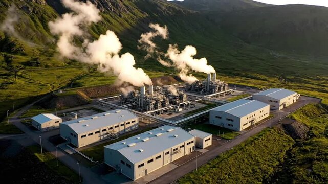 Ultra realistic aerial cinematic shot of renewable energy steam plant in heart of mountainous green valley interwoven steel pipes stretching across hills large generators and turbine systems visible d
