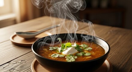 Steaming hot ramen noodle soup bowl with tofu and greens in cozy wooden table setting close up