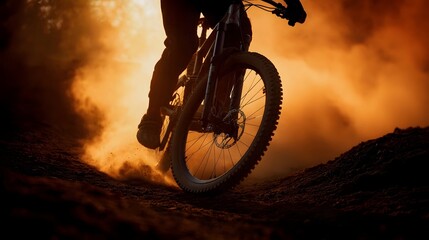 Obraz premium Dynamic mountain biker kicking up dust in golden hour light during action packed sport