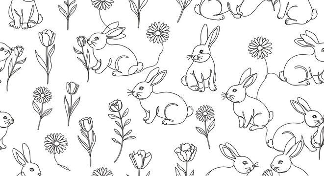 Black and white rabbits sitting among flowers, cute animal pattern with floral design