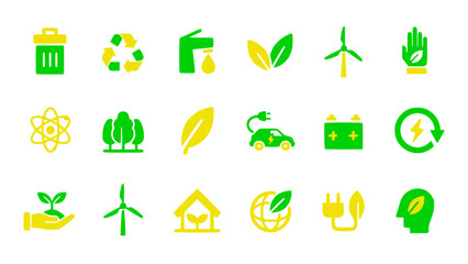 Creative flat icons of green innovation, wind power, recycling, and clean energy.