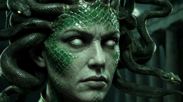 A character with snake hair is shown in a dark setting. Four different angles highlight her features. The environment has stone elements. Lights create a dramatic effect