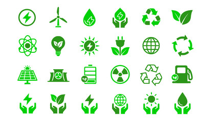 Obraz premium Clean energy and environmental icons with solar, wind, water, recycling, and globe elements.