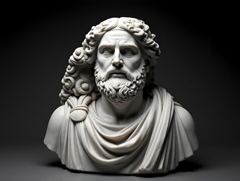 Fragment of an antique marble statue of the god of the kingdom of the dead, Hades. Ancient Greek and Roman mythology. Vertical black and white image.