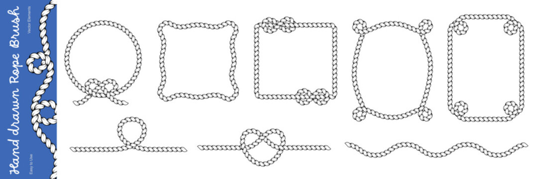 Rope border and frame collection. Twisted rope lines with decorative knots, heart shape and loops. Nautical vector elements.