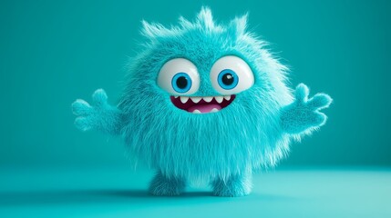 Obraz premium Furry blue monster with big eyes and teeth waving on teal background cute cartoon creature