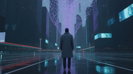 Obraz premium A lone figure walks through a futuristic cityscape at night with glowing lights.
