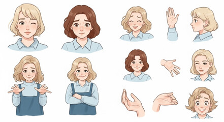 Collection of various illustrations of women with different expressions and poses.