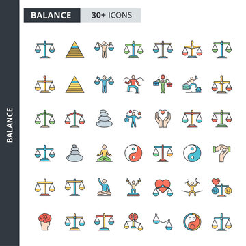 Collection of thirty balance icons featuring scales, yin yang, and harmony symbols in various styles on a white background viewed from directly above.