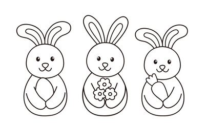 Obraz premium Simple Spring Easter Bunny Outline Vector Set. Cute Easter Rabbit Coloring Pages for Kids and Adults. SVG.
