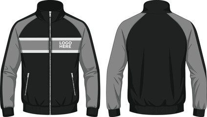 Full zip raglan track jacket technical flat sketch, athletic sportswear windbreaker vector illustration, front and back view fashion CAD drawing template. © MstLucky