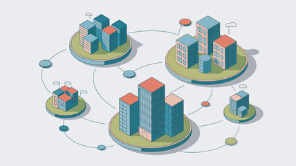 A vibrant illustration of connected cityscapes with modern buildings and green spaces