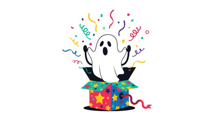 Fototapeta premium Halloween surprise with cute ghost jumping out of colorful gift box with confetti and various party decorations.