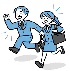 笑顔で走る若手ビジネスマンとビジネスウーマンの2色イラスト