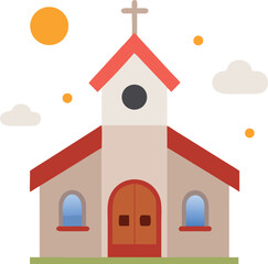 Church Building with Cross and Sun Flat Design Style