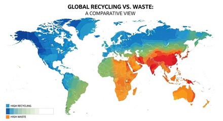 Obraz premium Global Recycling Vs. Waste: An illustrative view of global recycling versus waste on a world map. The map visually represents recycling efforts and waste levels worldwide.