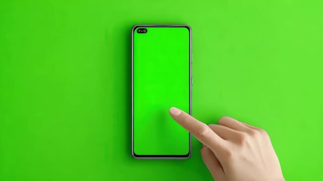 Touching the vibrant green screen of a smartphone in a creative studio setting during bright daylight, showcasing digital interaction and modern technology