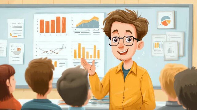 Engaging presentation on data trends at a vibrant workshop setting with an enthusiastic speaker captivating the audience in a colorful learning environment
