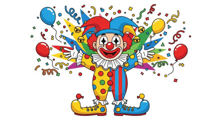 Fototapeta premium Colorful clown celebrating with confetti and balloons at a joyful party with a happy expression on his face and arms outstretched