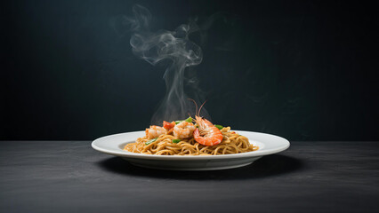 Steaming Hot Shrimp Noodles on a White Plate Against a Dark Background.
