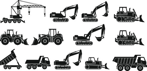 Construction machinery silhouettes set excavator bulldozer crane loader dump truck heavy equipment vector illustration industrial vehicles collection black shapes design © Rezaul