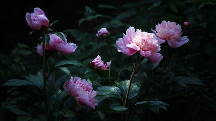 Delicate pink peonies bloom amidst deep green foliage, bathed in soft, atmospheric light, evoking a