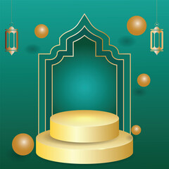3d golden podium with Islamic arch and lanterns on green background