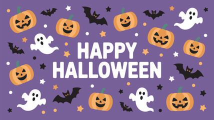 Fototapeta premium A festive Halloween graphic with pumpkins, ghosts, bats, and stars on a purple background with the words Happy Halloween.