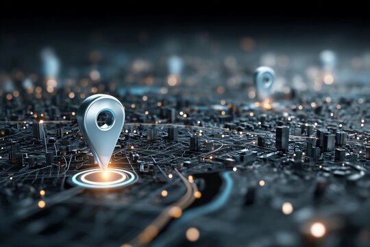 Digital map with location markers showing urban area at night in a futuristic style with bright lights and details