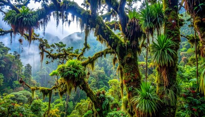 Obraz premium Lush Cloud Forest Canopy - A Vibrant Ecosystem of Moss and Ferns.