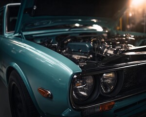 Fototapeta premium Classic car with open hood reveals engine during nighttime garage work on vehicle maintenance and restoration