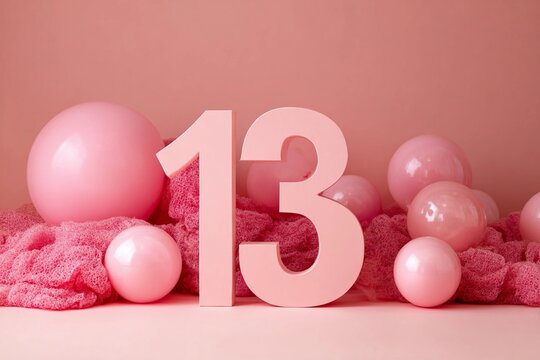 Number 13 stands among pink objects and textures on a light background in a creative display