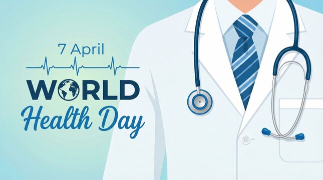 World Health Day, doctor and stethoscope design. Globe in text and normal cardiogram as a concept poster for World Health Day, 7 April. Vector illustration