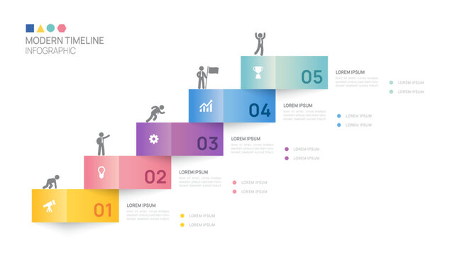 Infographic ladder connected labels 5 steps to success growth template. Business process. Vector illustration.