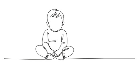 Obraz premium Baby boy sitting in continuous line art drawing style. Cute toddler child black linear sketch isolated on white background. Vector illustration ,Baby boy sitting in continuous line art drawing style.