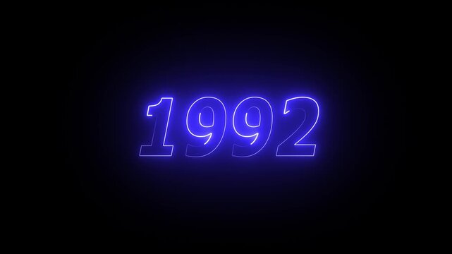 1992 neon line text. Abstract 1992 neon text animation ,For neon color Glowing neon number text background 4k video animation . 1992 title metal text on glowing text animation black background