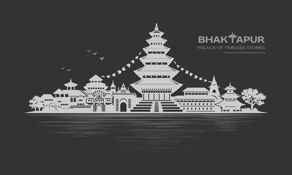 Bhaktapur Night Skyline Vector Historic Temple Silhouette Landscape