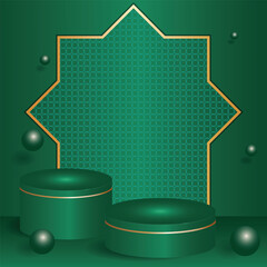 3d green cylinder stage with a golden Islamic pattern arch and floating orbs for product display and Ramadan.