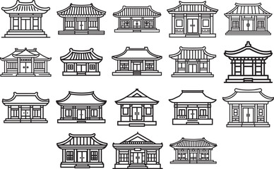 Traditional Korean Hanok Architecture Line Icon Collection