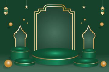 Luxury green 3d podium with gold islamic arch and lanterns for ramadan or eid product display background.