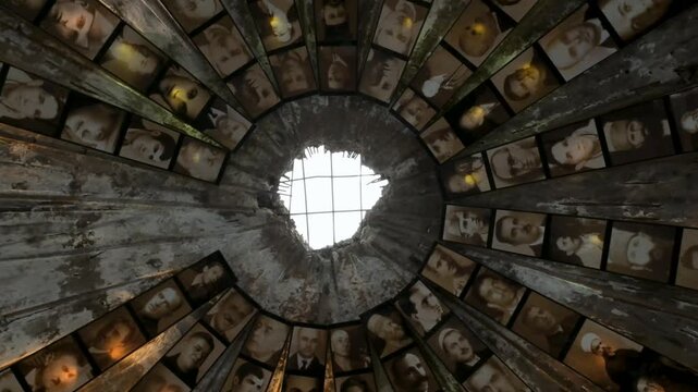 A low angle perspective showing the reinforced concrete roof and historical lighting inside the subterranean Cold War bunker converted into an art gallery