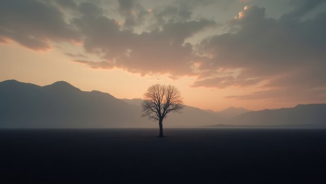 A lone tree stands tall against the backdrop of a mountain range at sunset