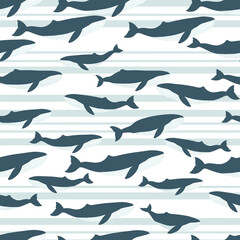 Obraz premium Monochrome silhouette pattern of multiple whales swimming in horizontal rows