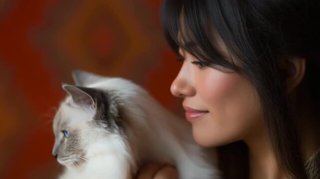 Young asian adult female smiling with fluffy blue-eyed cat on colorful background