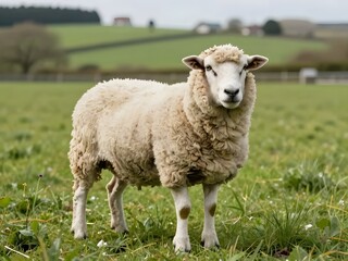 Fototapeta premium Sheep with Funny Haircut in Green Pasture