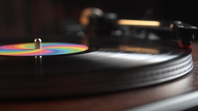 Starting Playback of Old Vinyl Record on Vintage Turntable, Placing Needle on Start